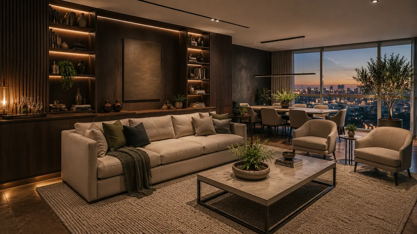 Conceito de living integrado para apartamento de alto padrão