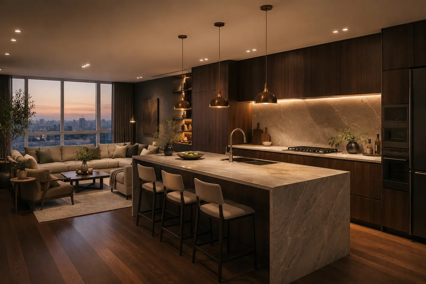 Conceito de cozinha gourmet integrada em apartamento de alto padrão