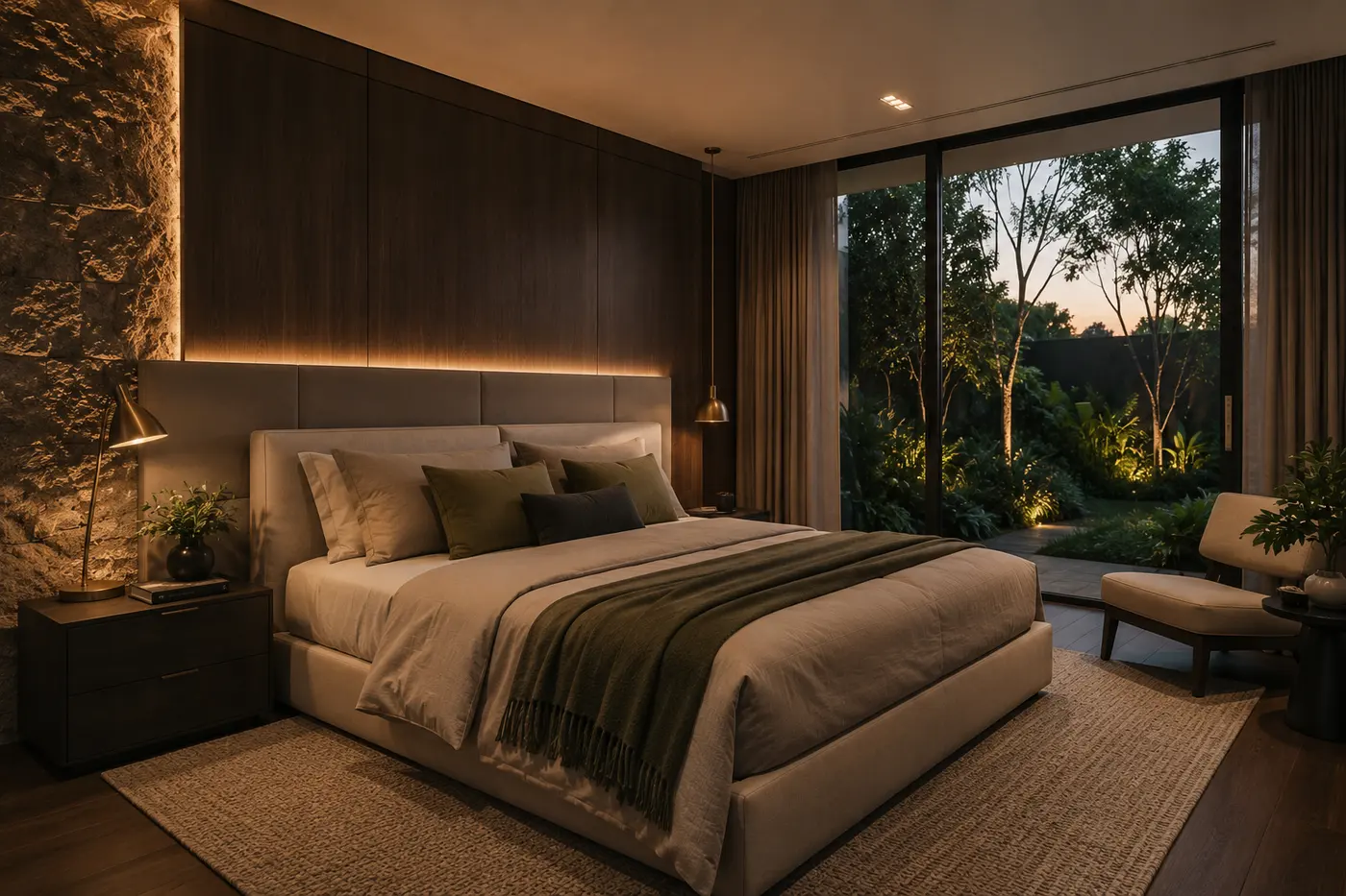 Conceito de suíte master com acabamento natural em casa de alto padrão